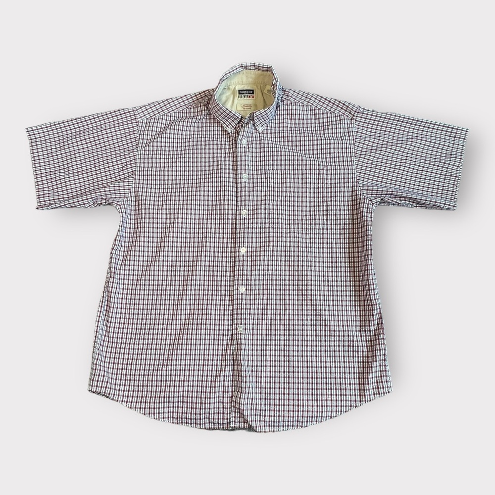 Haggar Forever New Button Shirt Short Sleeve Red Mini Plaid Men Sz Large